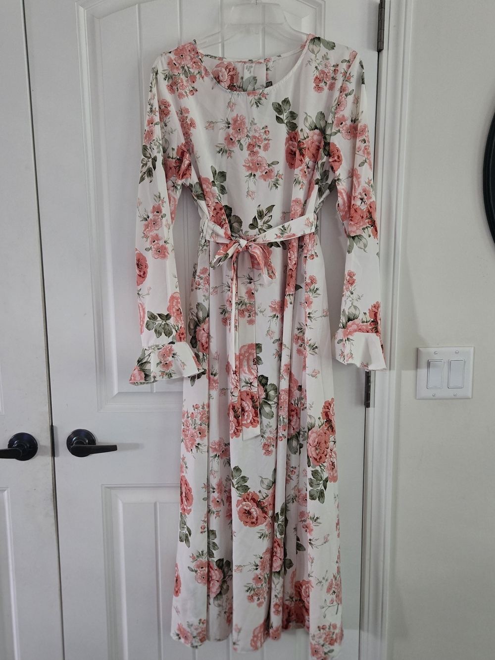 Romantic Boho Rose Floral Maxi Dress Flared Bell Sleeve Cream Pink M